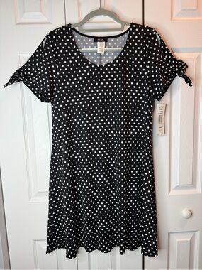 MSK Black White Polka Dot Tie Sleeve Dress Size L NWT
